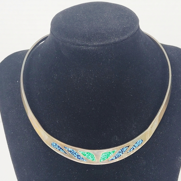 Vtg Taxco Mexico 925 Sterling Silver Turquoise Aztec Choker Necklace Patina